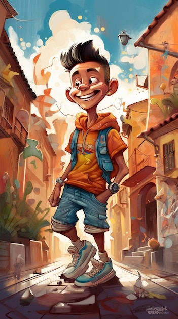 A cartoon of a boy on a skateboard with the word " on it.