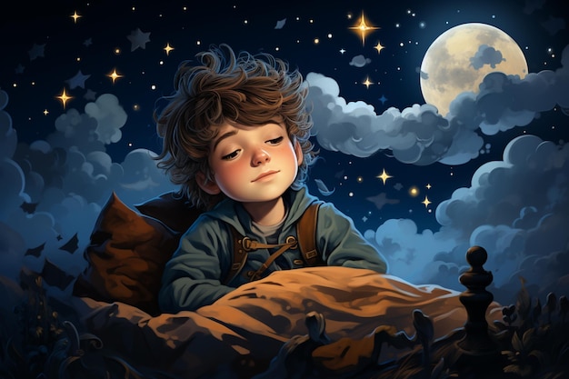 Photo cartoon boy sleeping on clouds with moon and stars