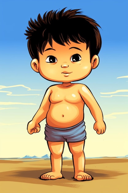 cartoon boy standing on the beach with a blue sky in the background generative ai