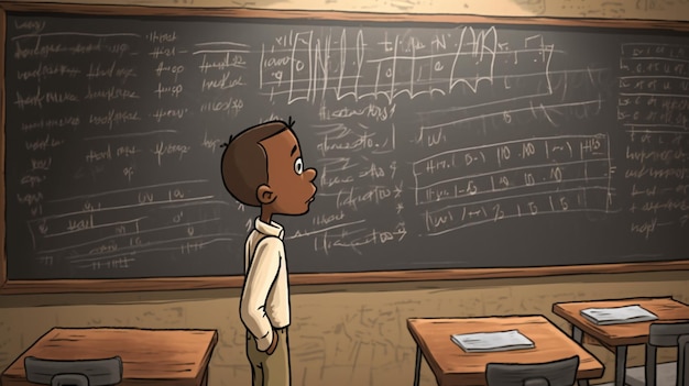 Карикатура на мальчика, стоящего в классе с доской, на которой написано «математика».