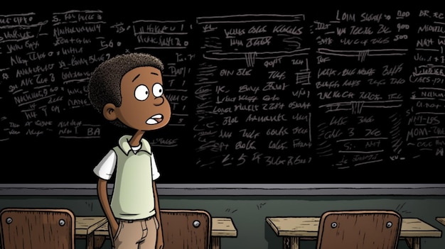 "단어"라고 적힌 칠판 앞에 서 있는 소년의 만화.