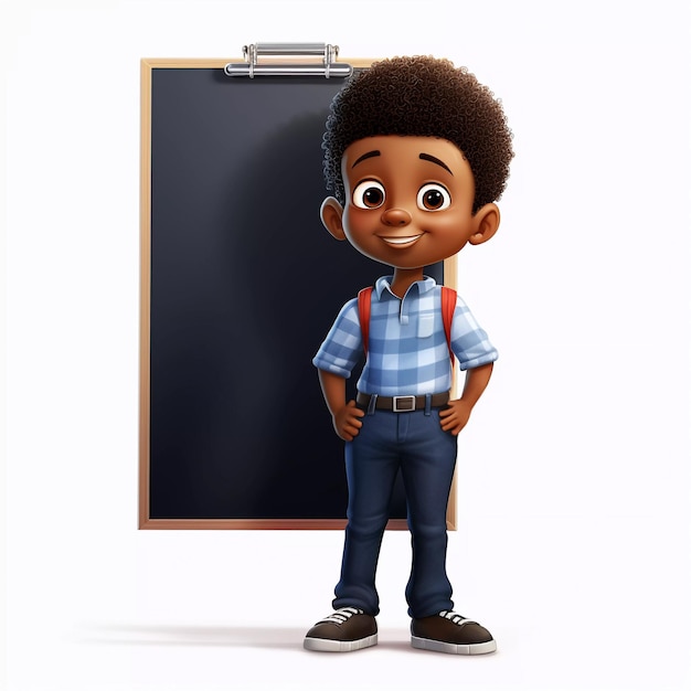 Cartoon boy standing in front of blackboard