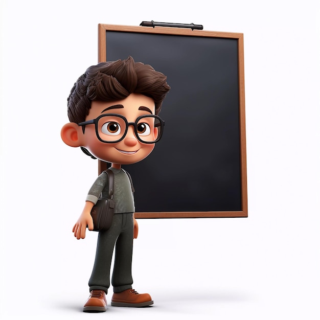 Cartoon boy standing in front of blackboard