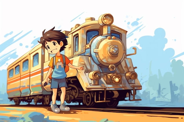 Cartoon boy standing in front of a train with a backpack generative ai