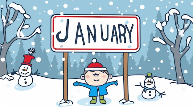 Photo a cartoon of a boy standing under a january sign