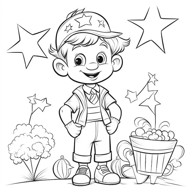 A cartoon boy stands in front of a bucket of gold stars.