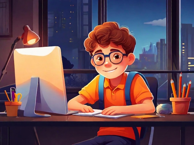 画面に男の子の画像が描かれているコンピューターを使用している男の子の漫画