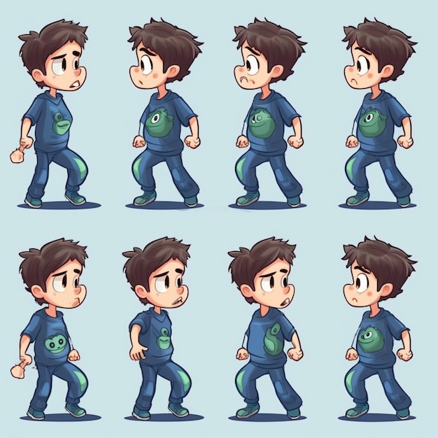 Photo cartoon boy in various poses with different expressions generative ai