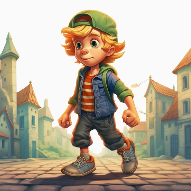 Cartoon boy walking down a street in a village with a backpack generative ai