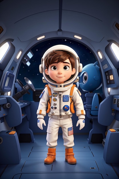 宇宙船で宇宙飛行士のスーツを着た漫画の少年