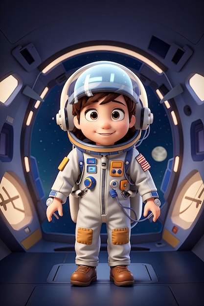 Cartoon boy wearing astronaut suit in spaceship