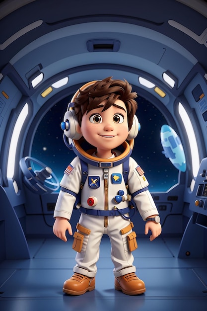 Cartoon boy wearing astronaut suit in spaceship