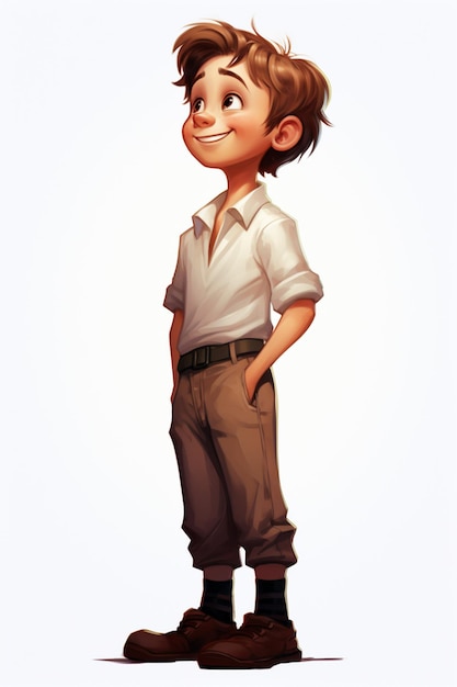 cartoon boy in a white shirt and brown pants standing with his hands in his pockets generative ai