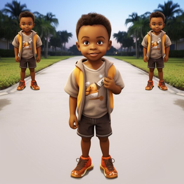 バックパックとバナナを背負ったアニメの少年が道路で立っている