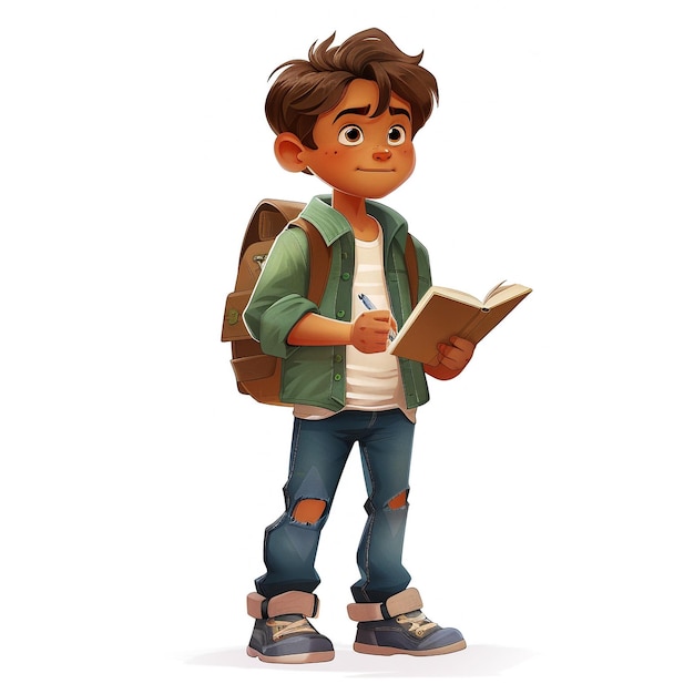 Photo a cartoon of a boy with a backpack and a book called a character