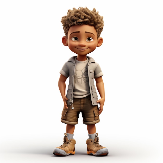 cartoon boy with a backpack and boots standing in front of a white background generative ai