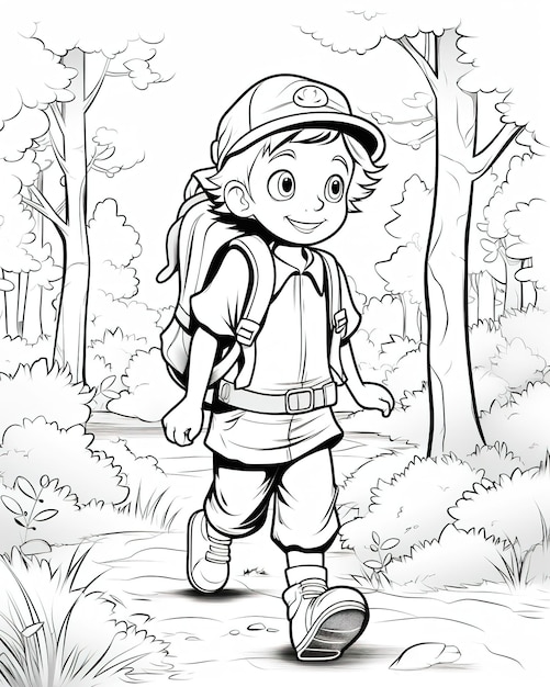 バックパックと帽子をかぶった漫画の少年が森を歩いて描く絵本