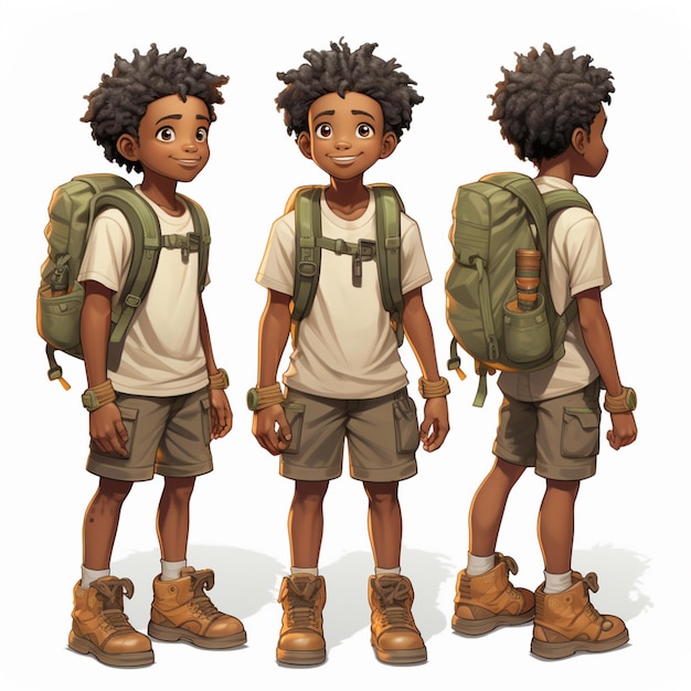 cartoon boy with backpack and hiking gear standing in three different poses generative ai