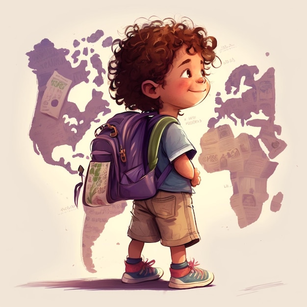 мультфильм мальчика с рюкзаком, глядящим на карту генеративный ай