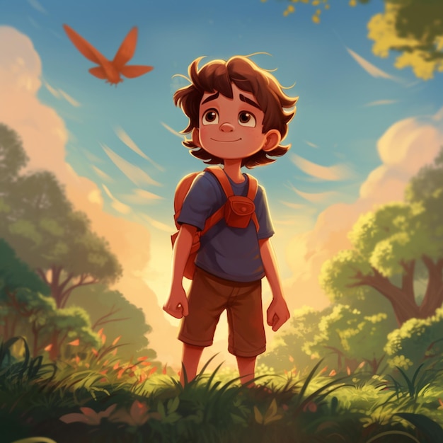 Premium AI Image  anime boy with a backpack and birds flying around him  generative ai