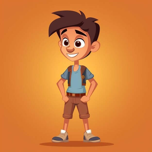 Photo cartoon boy with backpack standing in front of an orange background generative ai