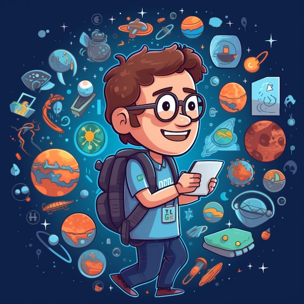 Cartoon boy with backpack and tablet in space with icons around him generative ai