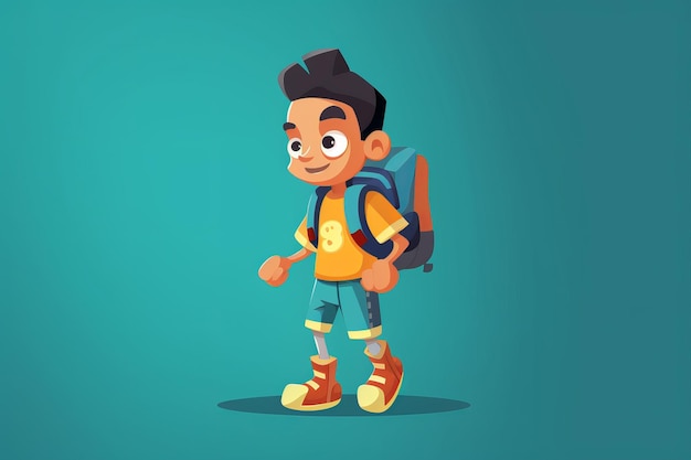 A cartoon boy with a backpack that says 8 on it.