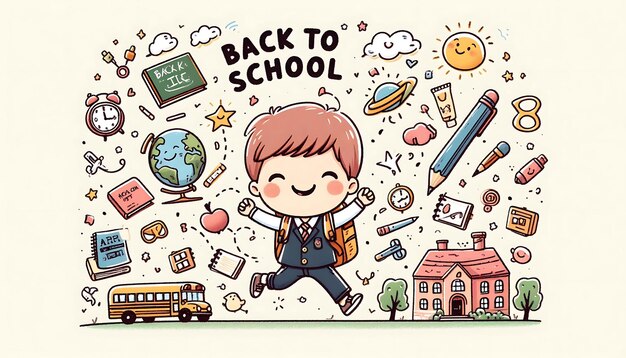 Photo a cartoon of a boy with a backpack and the words back to school