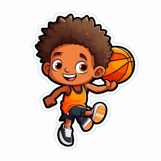 Photo cartoon boy with basketball ball running and jumping generative ai