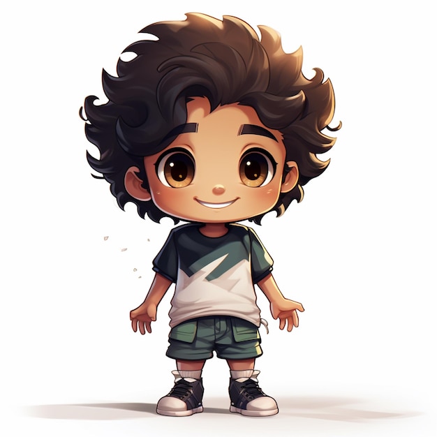 cartoon boy with black hair and a white shirt and green shorts generative ai