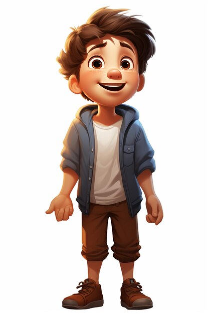 Photo cartoon boy with a blue jacket and brown pants pointing at something generative ai