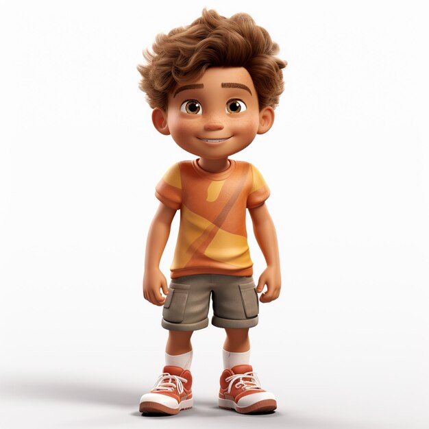 cartoon boy with brown hair and orange shirt standing in front of a white background generative ai