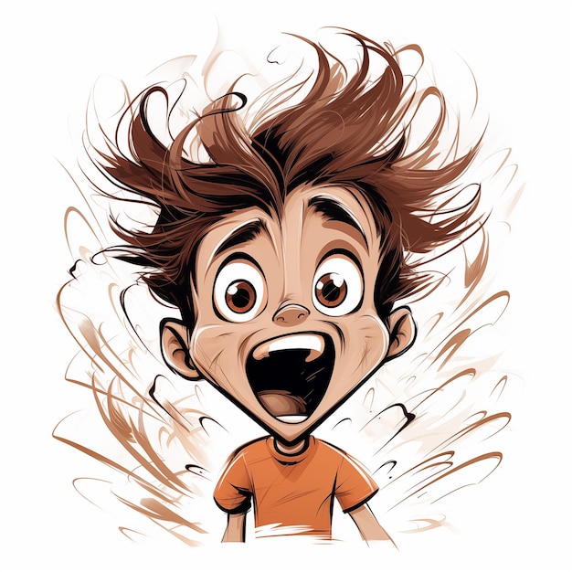 Photo cartoon boy with brown hair and orange shirt with a surprised expression generative ai