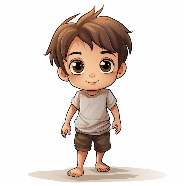 мультфильмный мальчик с коричневыми волосами и белой рубашкой стоит перед белым фоном генеративный ай