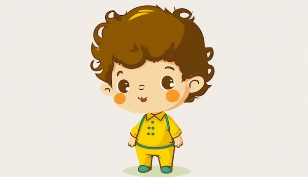 Cartoon boy with brown hair and yellow shirt standing in front of a white background generative ai