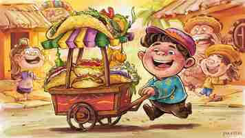 Photo a cartoon of a boy with a cart that says  happy birthday