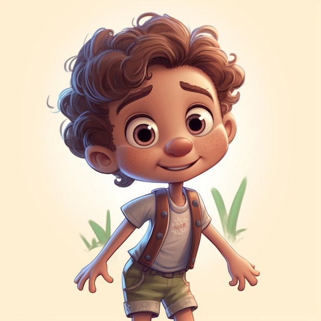 A cartoon of a boy with curly hair and a vest that says'i'm a boy '