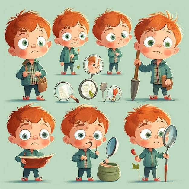 Photo cartoon boy with different facial expressions and actions generative ai