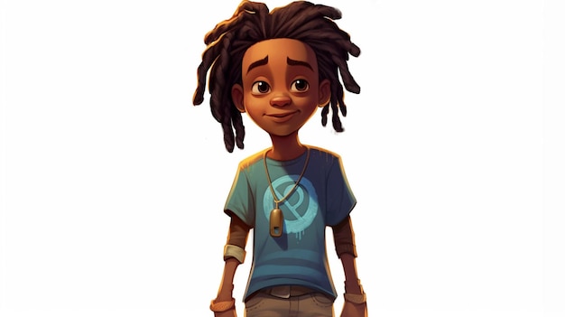 cartoon boy with dreadlocks and a blue shirt standing in front of a white background generative ai