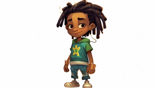 Photo cartoon boy with dreadlocks and green shirt standing in front of a white background generative ai