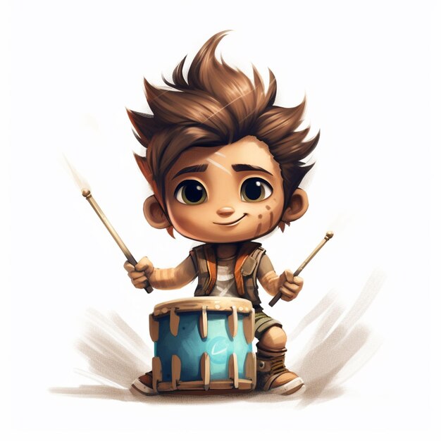 cartoon boy with a drum and a stick sitting on a stool generative ai