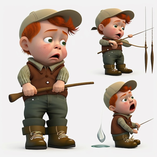 A cartoon of a boy with a fishing pole and a hat.