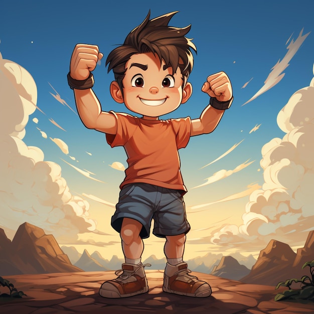 Photo cartoon boy with fist up in the desert with mountains in the background generative ai