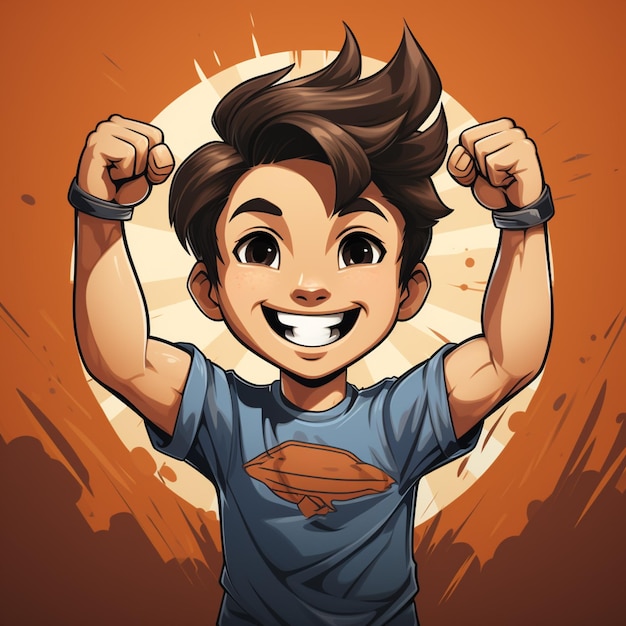 Photo cartoon boy with a fist up in front of a sun generative ai