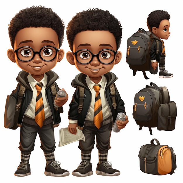 cartoon boy with glasses and backpack with different poses generative ai