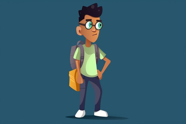 A cartoon of a boy with glasses and a backpack.