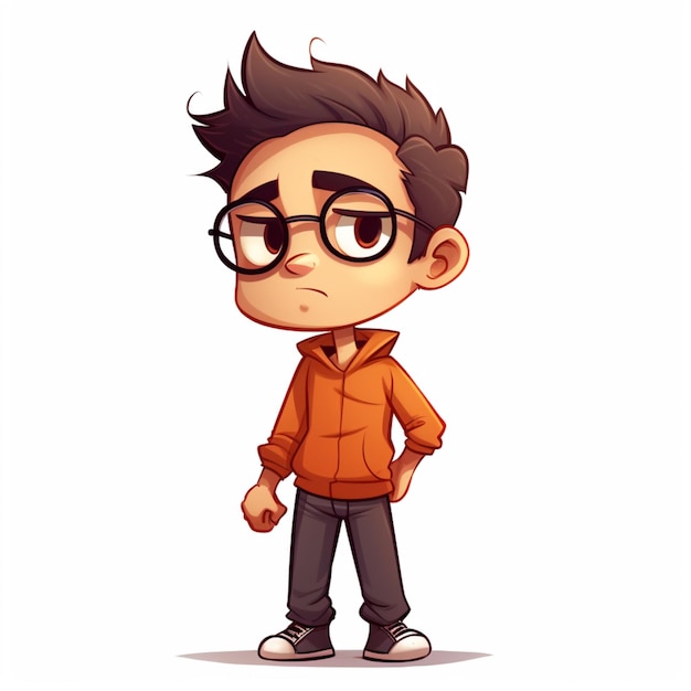 Photo cartoon boy with glasses and a jacket standing in front of a white background generative ai