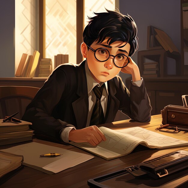 a cartoon of a boy with glasses reading a book