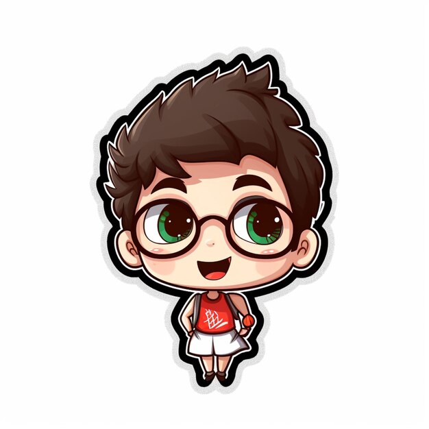 Photo cartoon boy with glasses and a red shirt holding a basketball ball generative ai