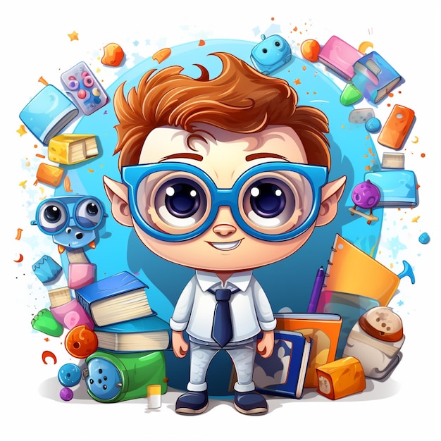 Cartoon boy with glasses and a tie standing in front of a pile of toys generative ai